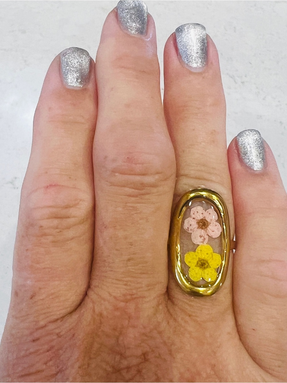 Stainless Steel Ring with Dried Real Flower in Resin Ring. Adjustable.